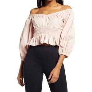 Open Edit Off Shoulder Poplin Blouse Size XS Organic Cotton Pink Smoke NWT B42
